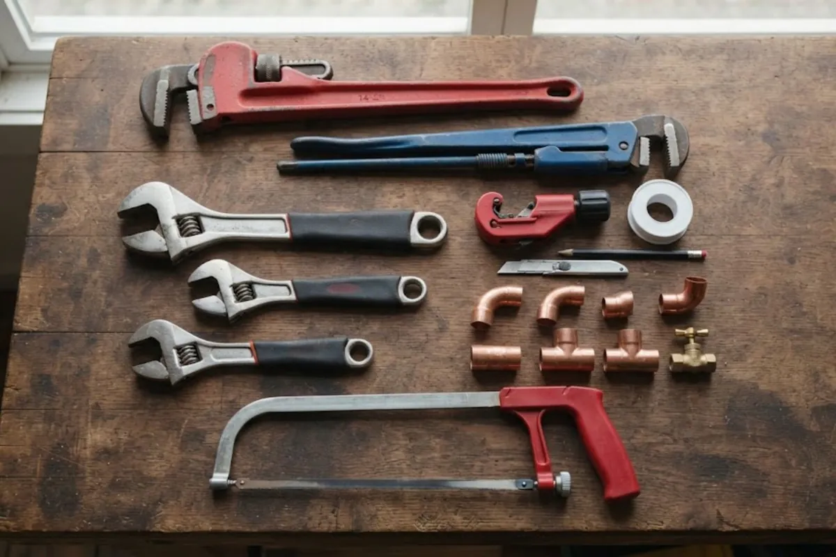 Plumbing wrenches, pipe cutter, and copper fittings laid out on a workbench