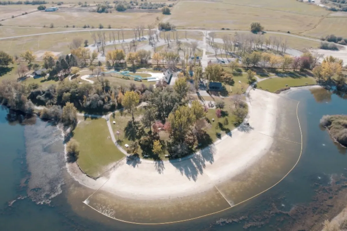 Aerial view of a riverside park and swimming beach in Eagle, Idaho