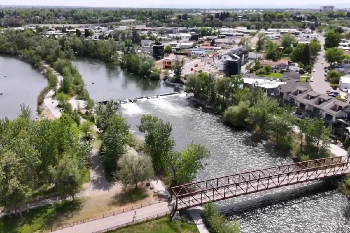 Aerial view of the Boise River and a Greenbelt footbridge in Garden City, Idaho