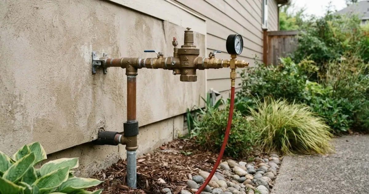 Backflow preventer with a test gauge on an exterior wall beside landscaping